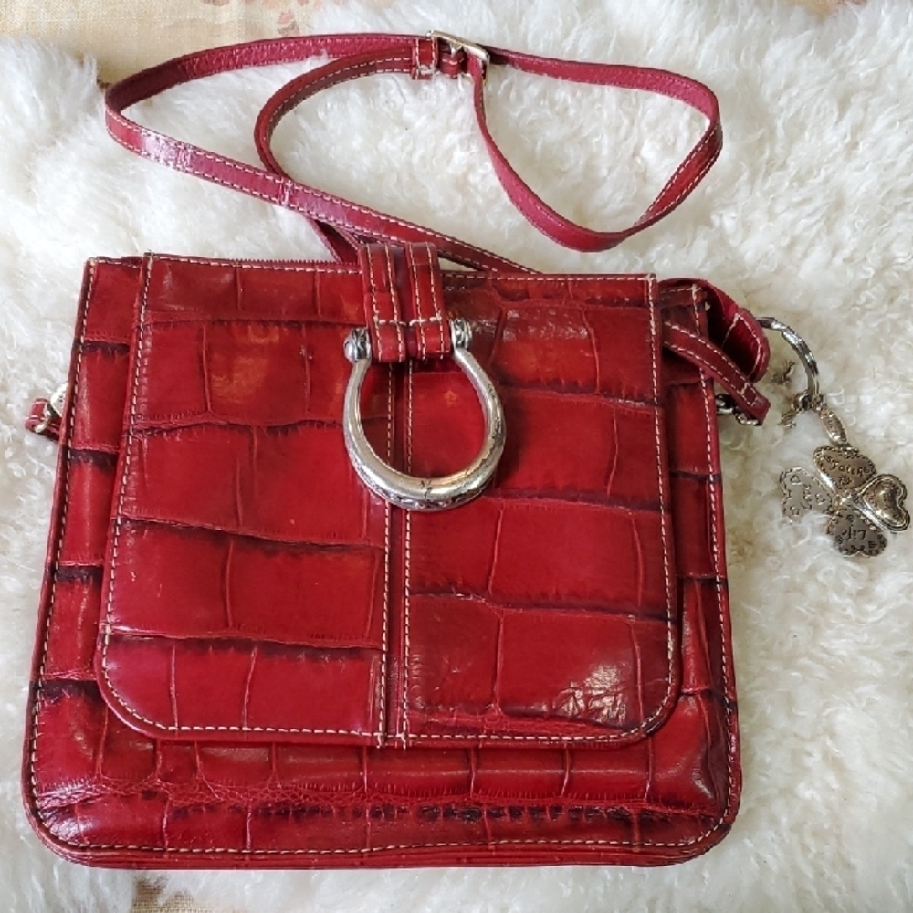Brighton Vintage Red Croc-Embossed Crossbody Bag 8 X 8 With Charm